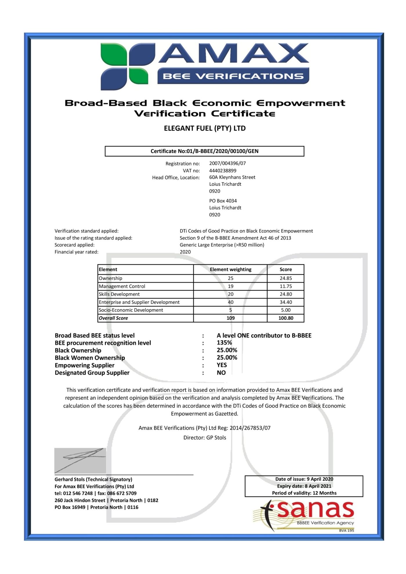 B BBEE Certificate Elegant Fuel Pty Ltd page 0
