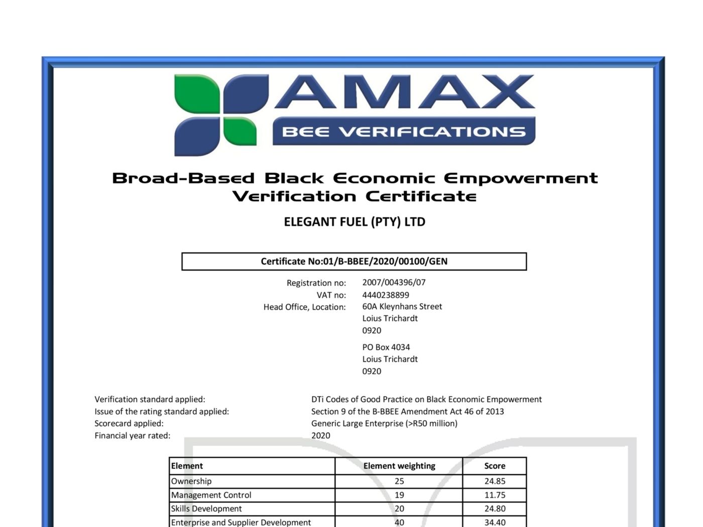 B BBEE Certificate Elegant Fuel Pty Ltd page 0